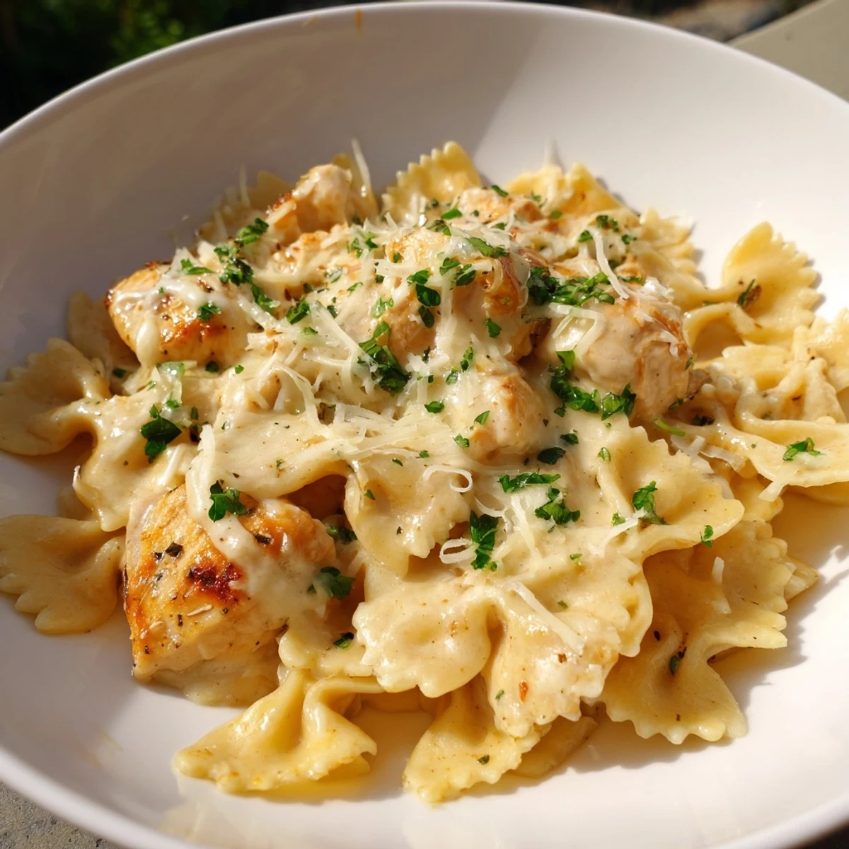 Golden-brown mozzarella garlic butter chicken bowtie pasta, smelling divine and ready for a savory bite.