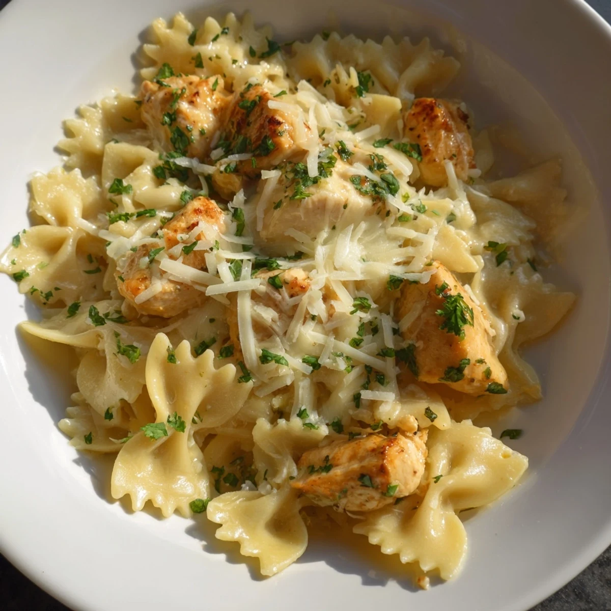 A comforting close-up showcases the bubbly mozzarella garlic butter chicken bowties, perfectly cooked and cheesy.