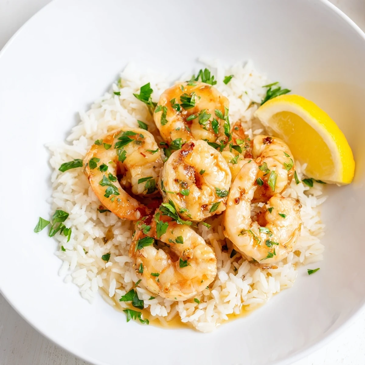 A close-up of a Garlic Butter Shrimp Rice Bowl, showing glistening shrimp and a flavorful sauce.