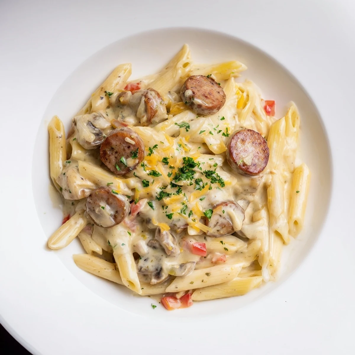 Golden-brown Smoked Sausage & Cheddar Pasta Bake in a baking dish, a delicious comfort food meal.