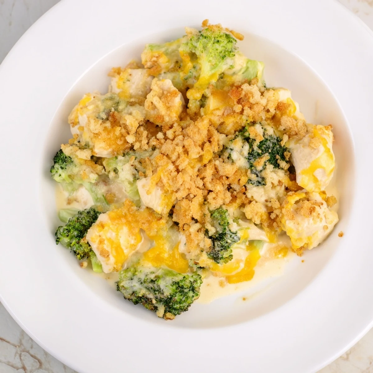 Golden, bubbly Cheddar Broccoli Chicken Bake: a hearty, family-style casserole with delicious chicken.