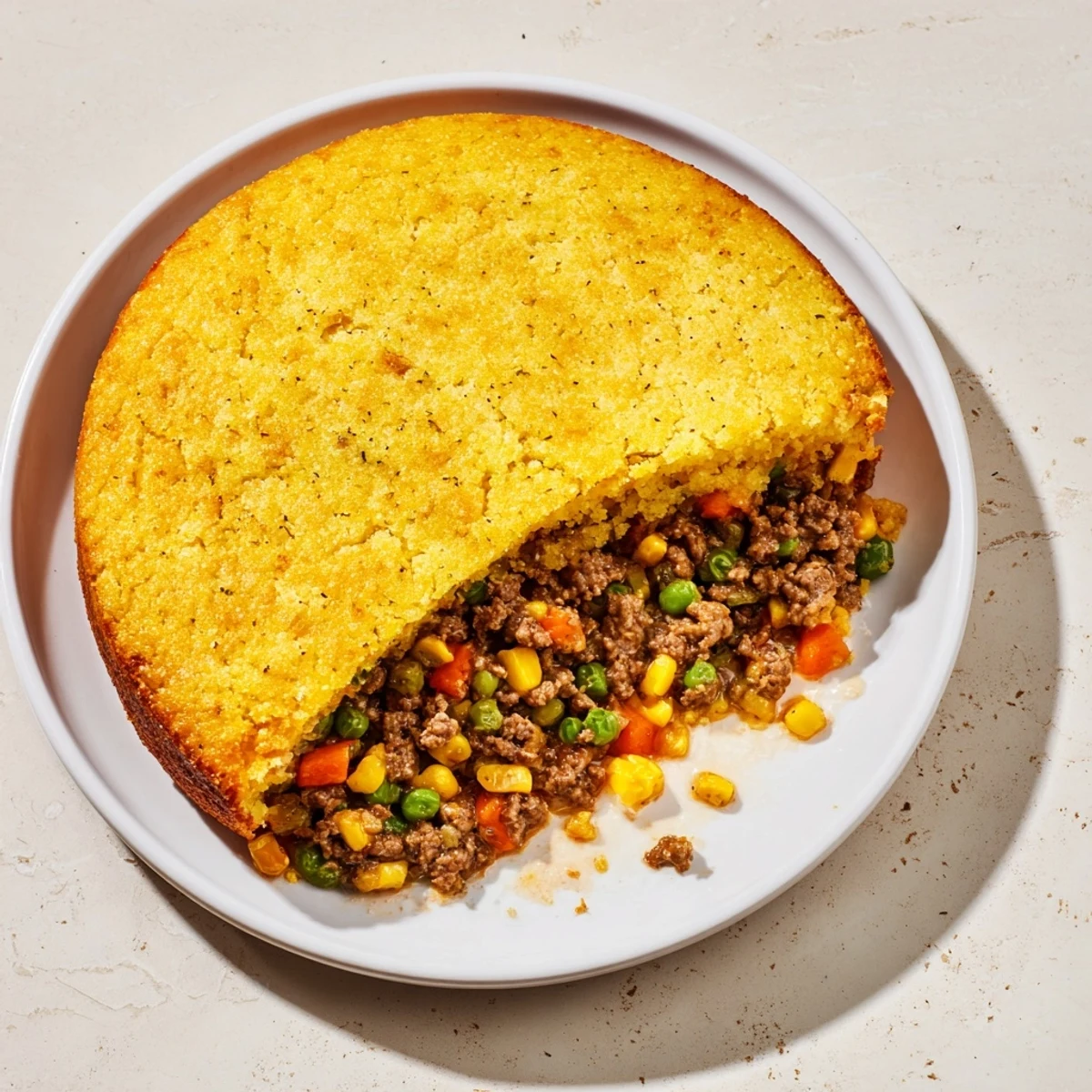 Golden, baked cornbread crust on top of a savory beef and vegetable Cornbread Crusted Beef Pie.