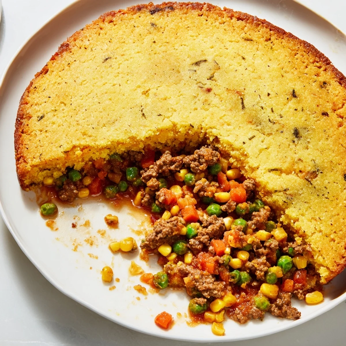 This flavorful Cornbread Crusted Beef Pie shows a bubbling beef and veggie filling under a perfect golden crust.