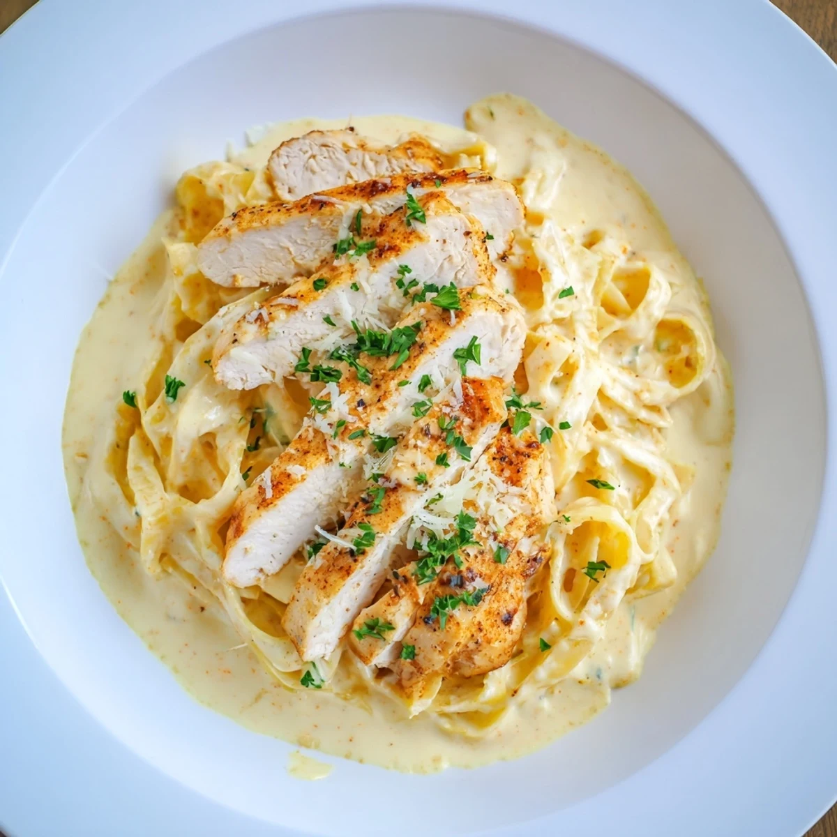 A comforting bowl of Spicy Cajun Chicken Alfredo with vibrant parsley and grated Parmesan on top.