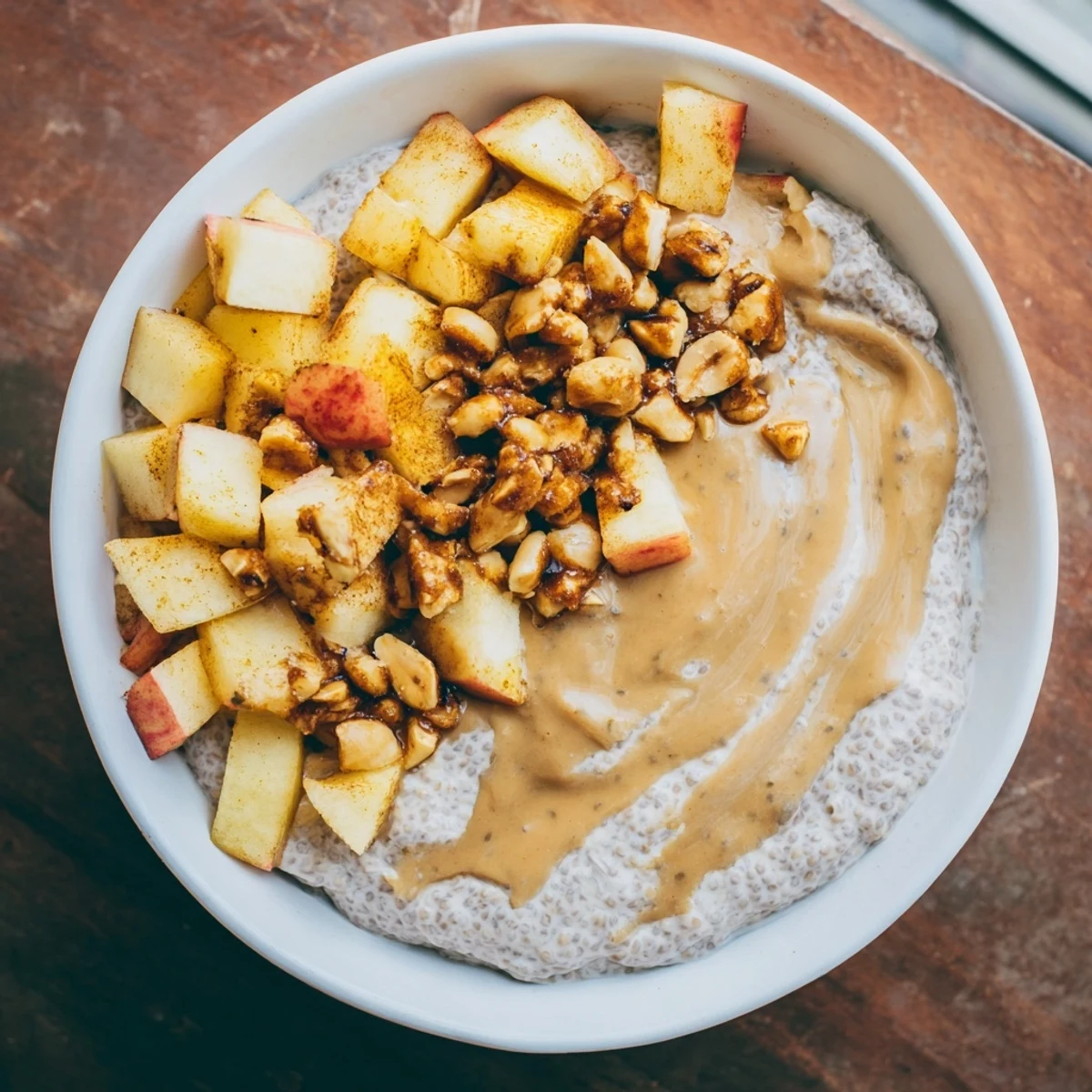 Creamy Apple-Chia Pudding with peanut butter swirled in, topped with fresh apple slices and peanuts.