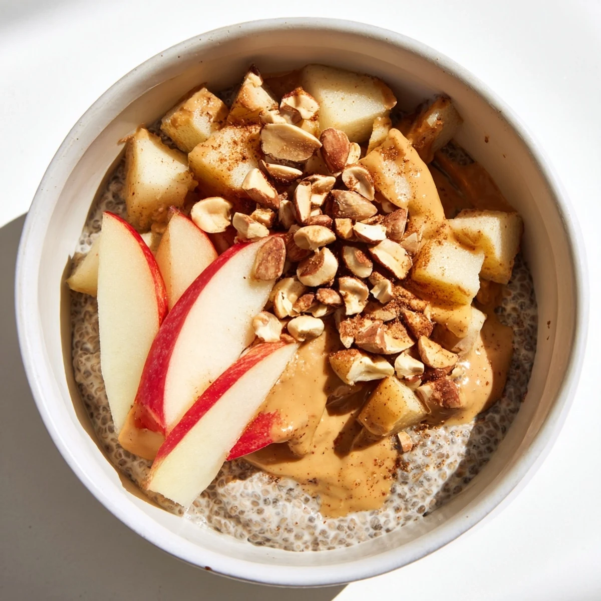 A close-up of layers of Apple-Chia Pudding, showcasing apple, peanut butter, and chia seeds.