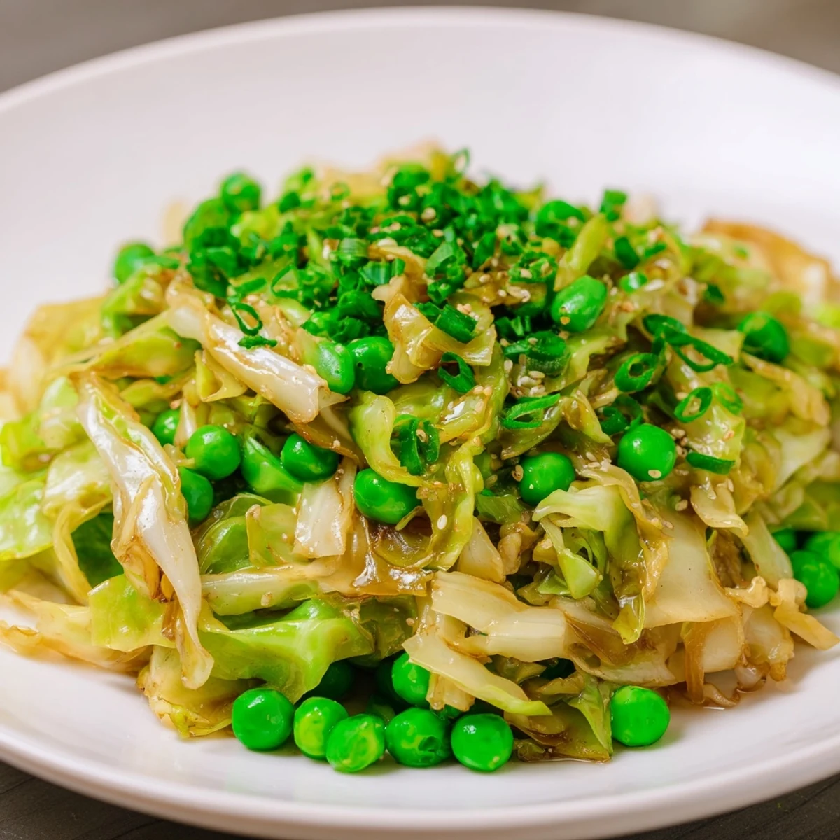 Steaming Cabbage Stir-Fry with Garlic, Soy, and Peas, a quick, colorful vegetarian side dish.