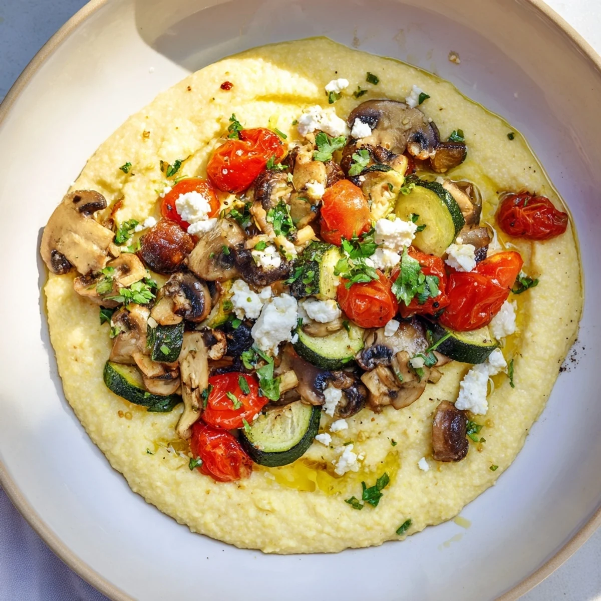 Freshly made Cornmeal Mush Polenta Bowls – Imagine the savory, warm polenta base with delicious toppings!
