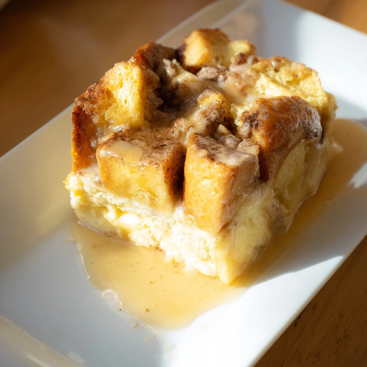 This delicious French toast bake presents a custardy, baked bread pudding, topped with a sweet cinnamon crust.