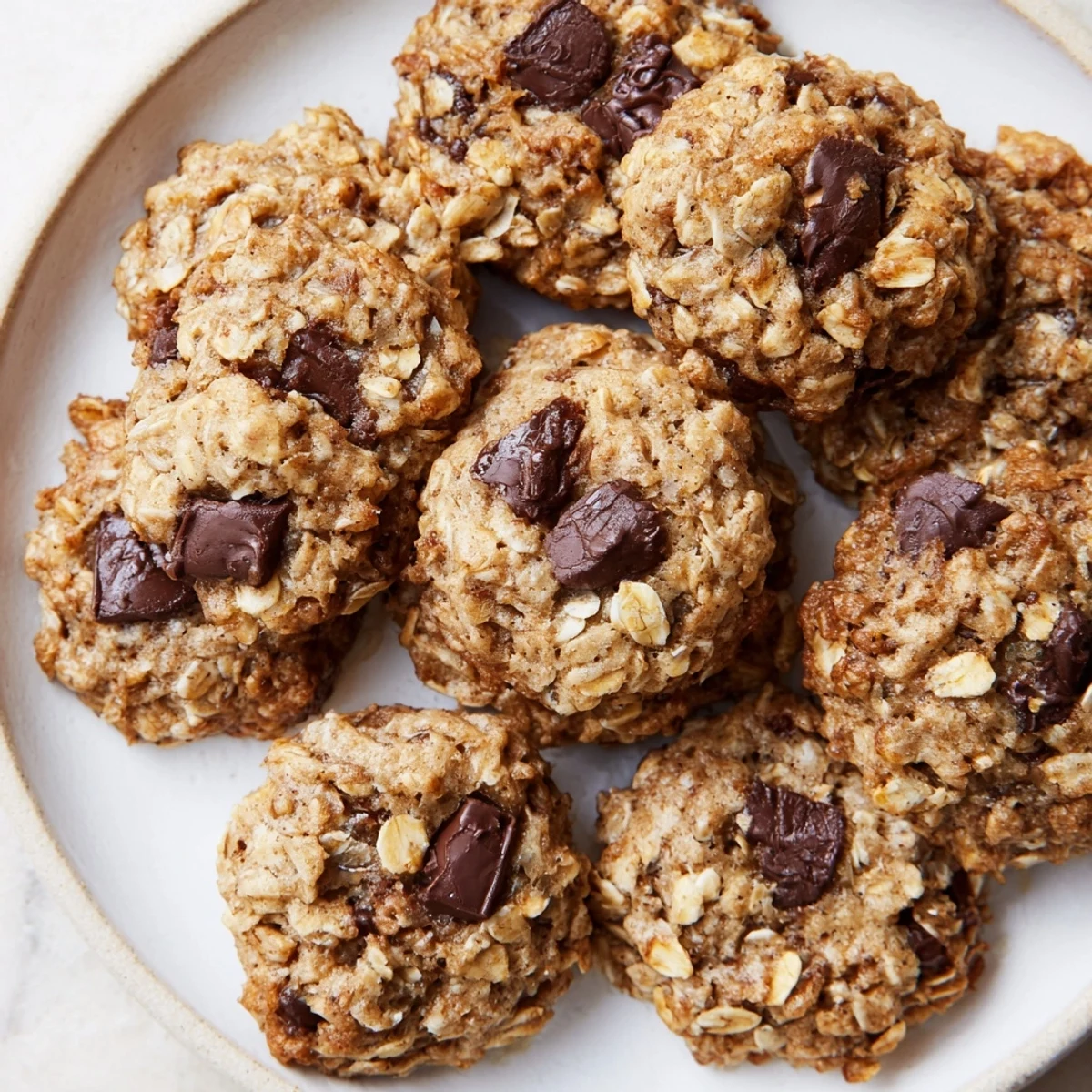 Warm, golden Oat-Banana Chocolate Chip Cookies, ready to eat with melting chocolate and chewy oats.