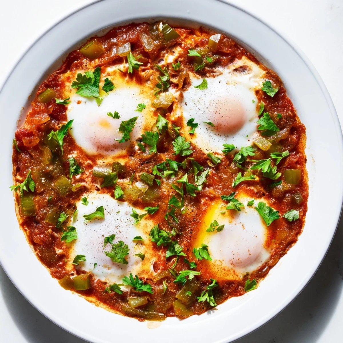 Rich, savory Shakshuka with perfectly poached eggs, ready to be scooped up with crusty bread.