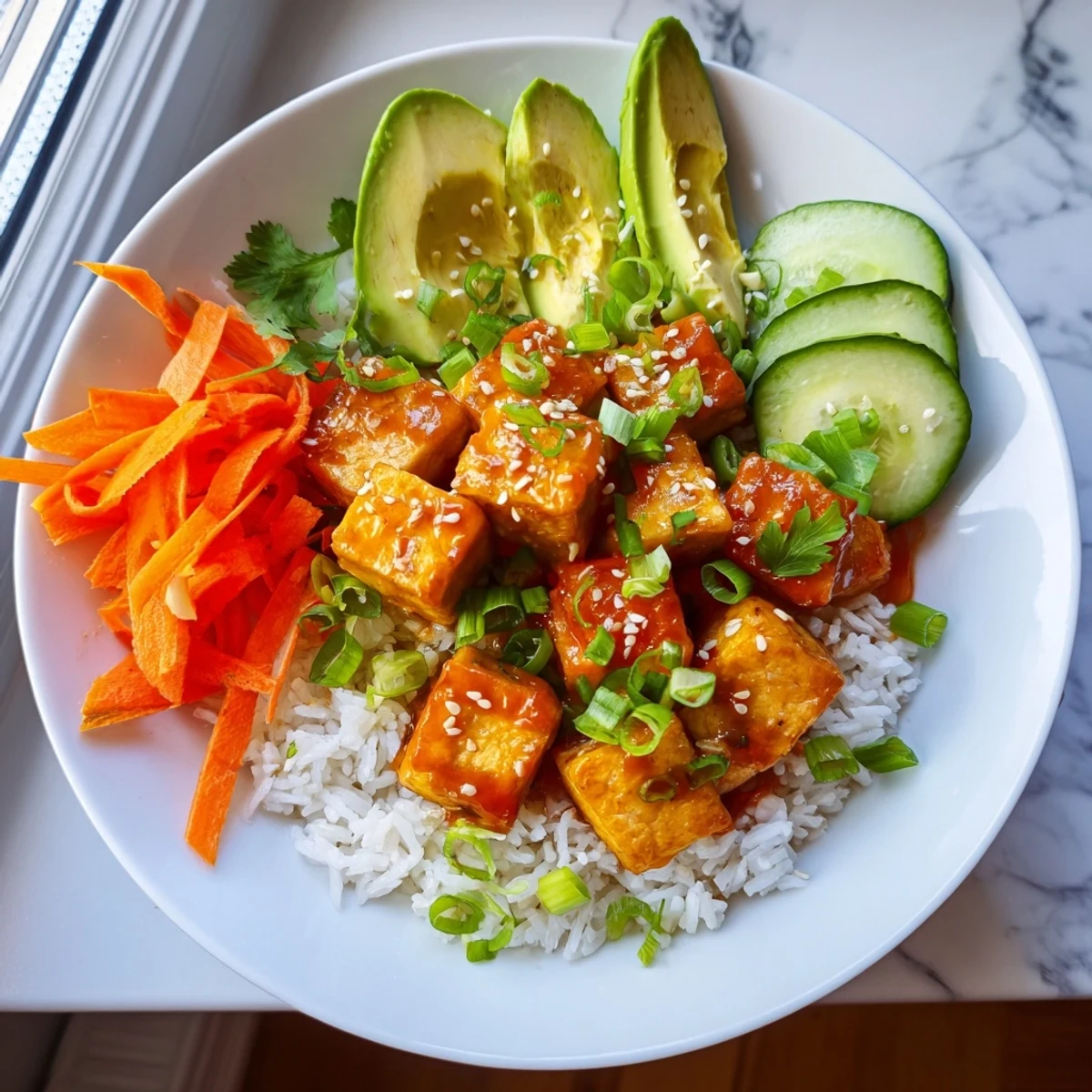 Chili-Mayo Baked Tofu Bowls: Crispy, glazed tofu cubes atop fluffy rice with vibrant vegetable toppings.
