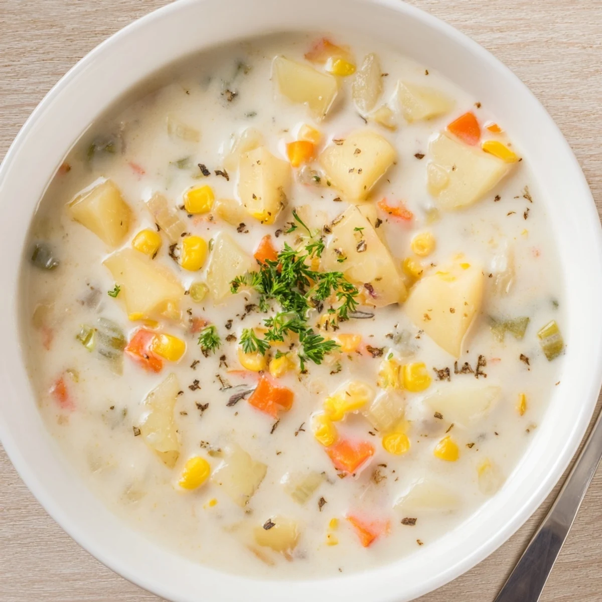 A close-up of a hearty Corn & Potato Chowder, showcasing tender potatoes and sweet corn.
