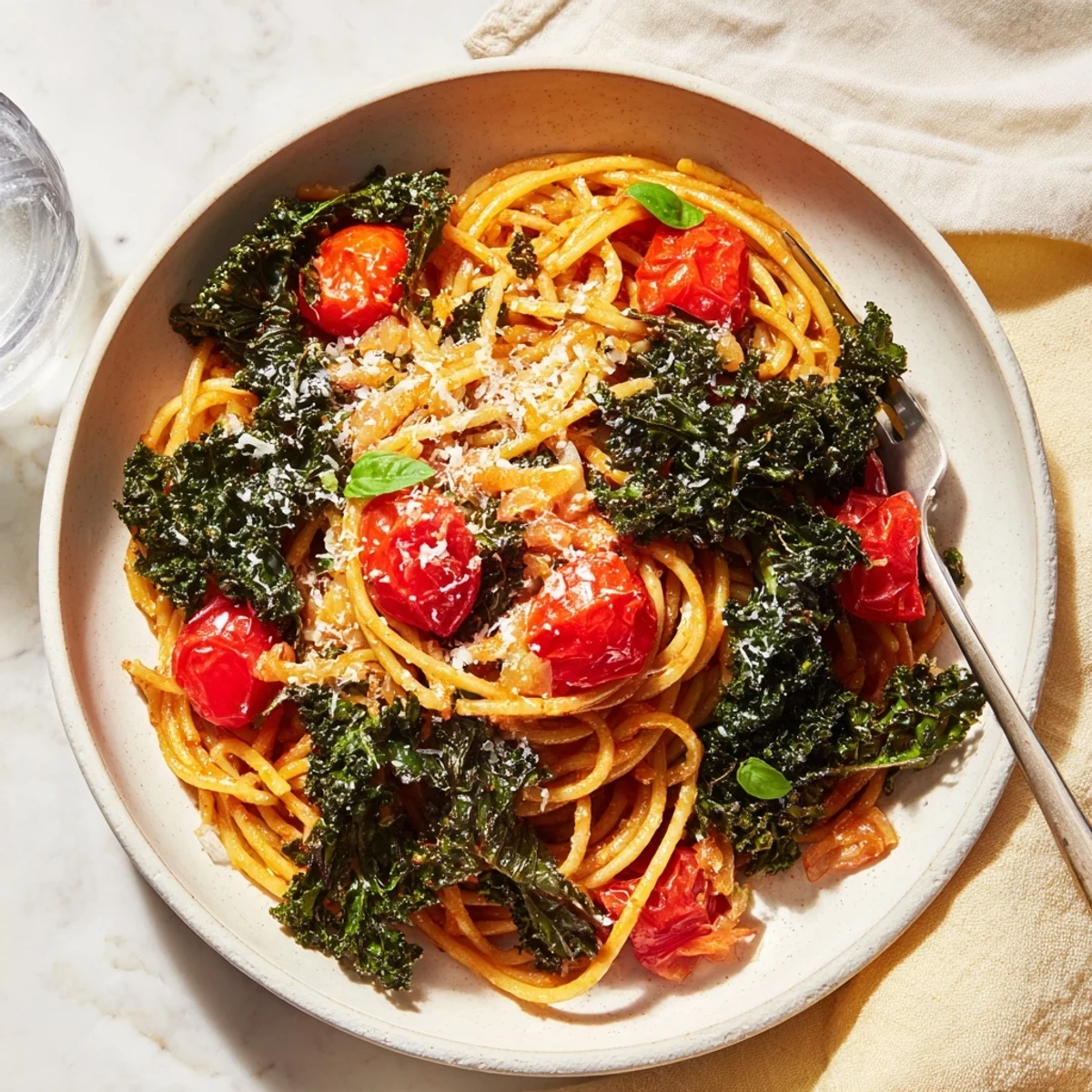 A close-up shot of the vibrant one-pot spaghetti, featuring tender kale and bright red tomatoes.
