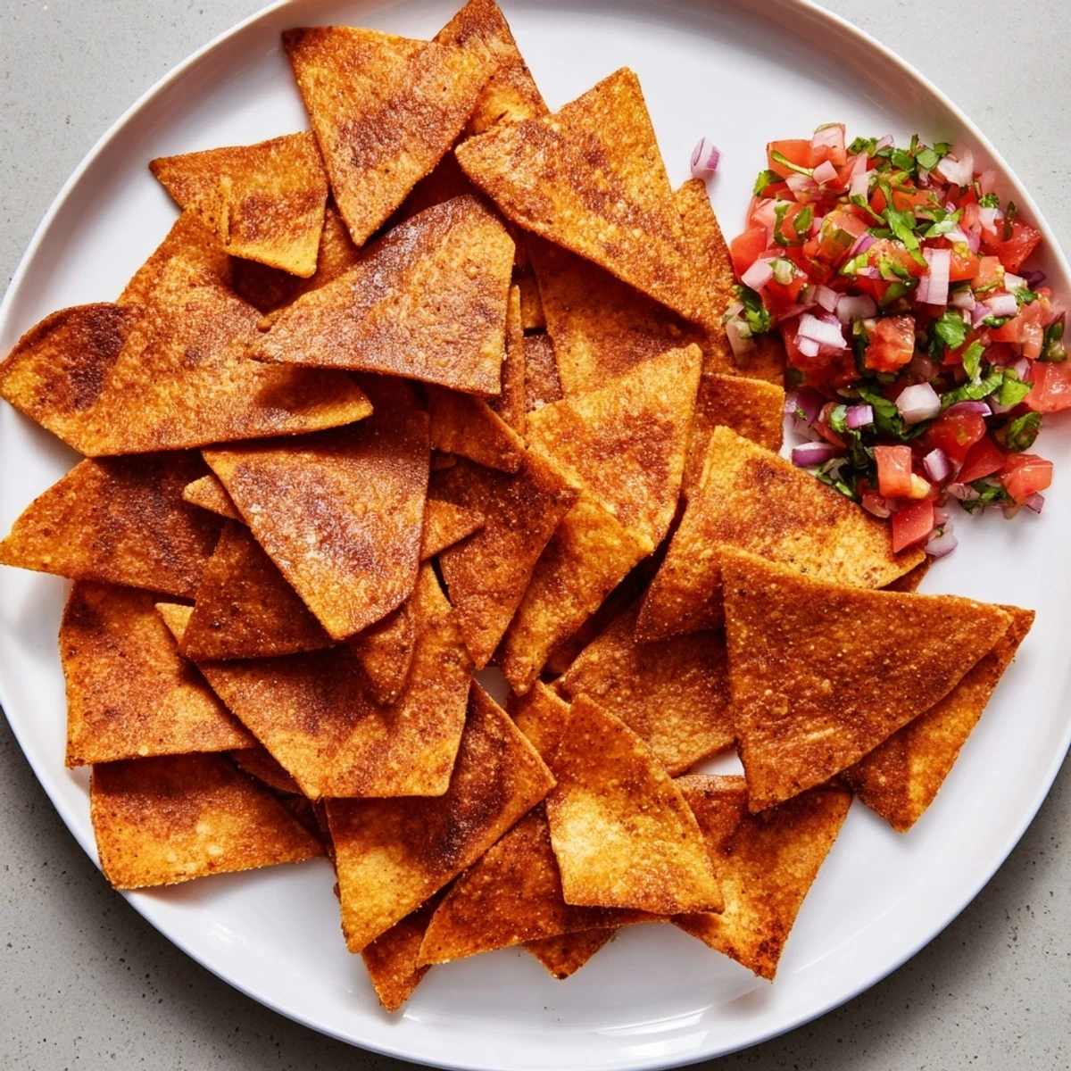 Golden, crispy air-fryer tortilla chips piled next to vibrant, chunky homemade salsa ready to enjoy.