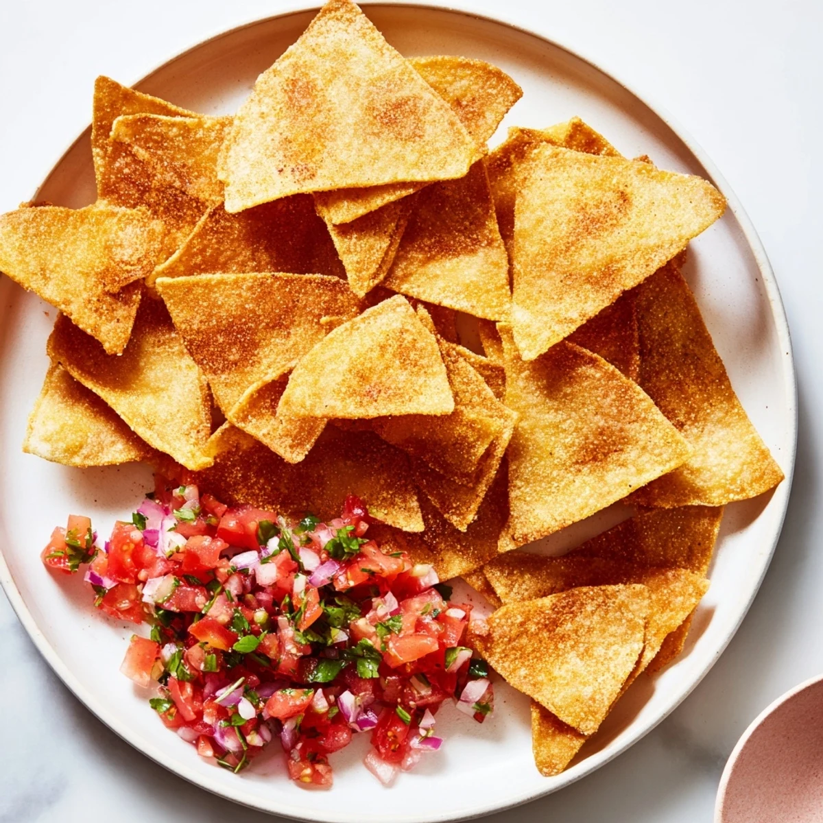 Air-fryer tortilla chips, warm and seasoned, are served alongside a colorful bowl of homemade salsa.