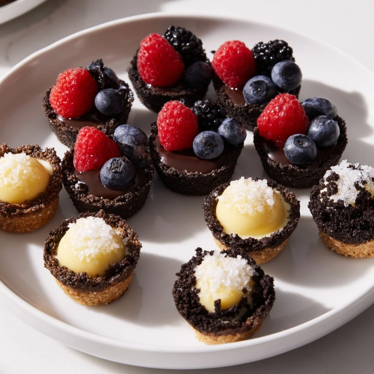 A tempting image of the Mini Dessert Bites Trio, with colorful toppings ready to be tasted.