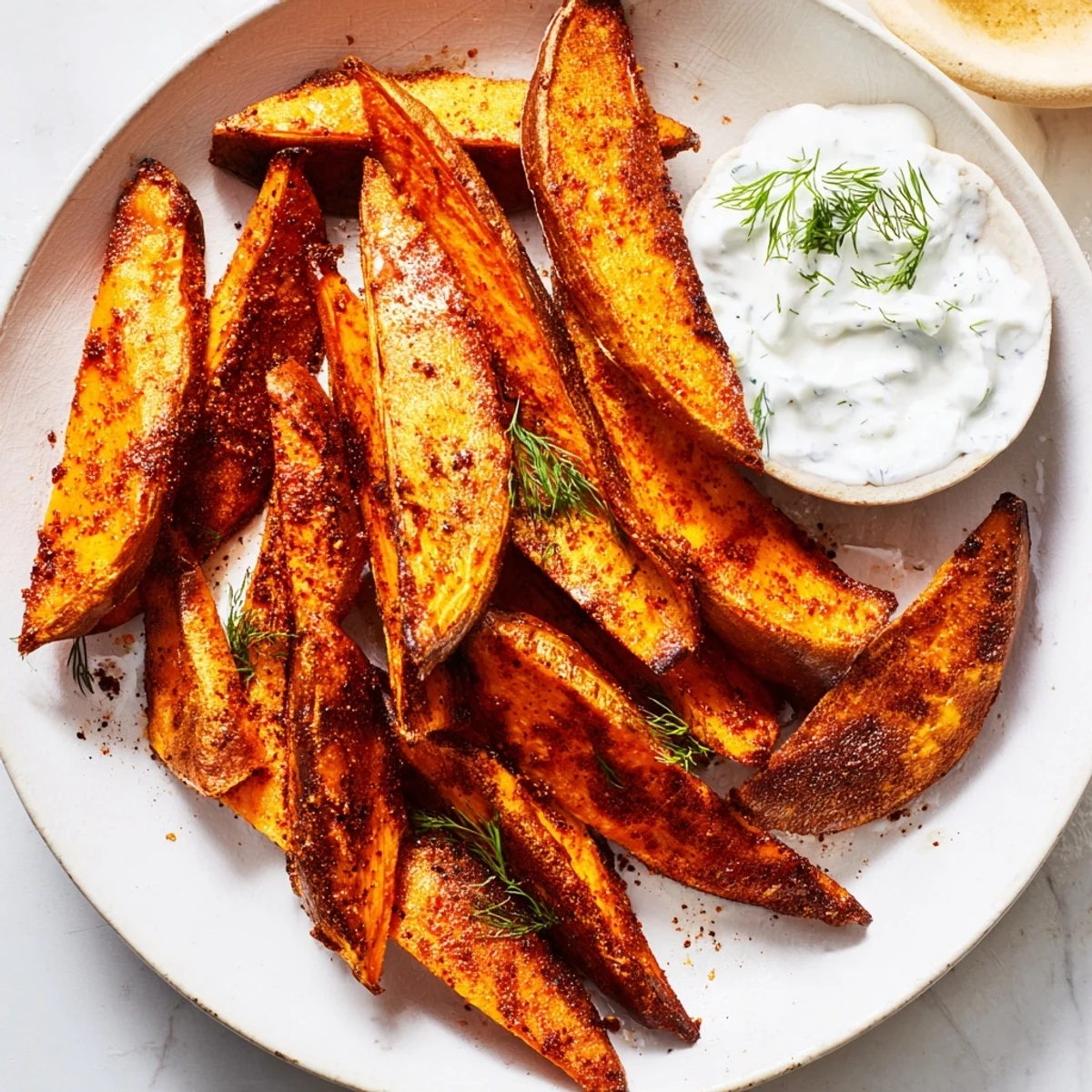 Crispy roasted sweet potato wedges, seasoned perfectly, ready to pair with fresh yogurt dip.