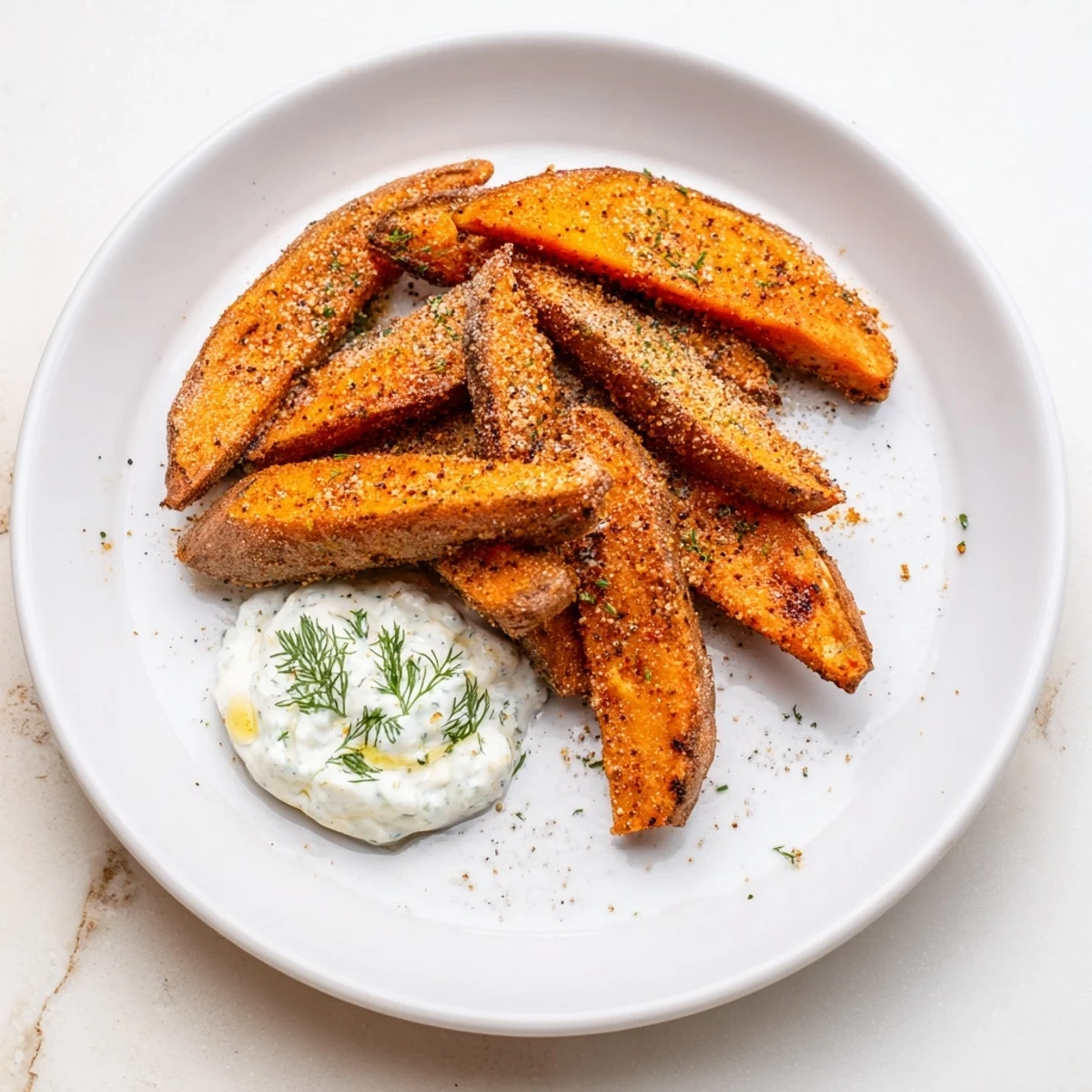 Close-up of roasted sweet potato wedges, highlighting their caramelized edges and creamy yogurt.