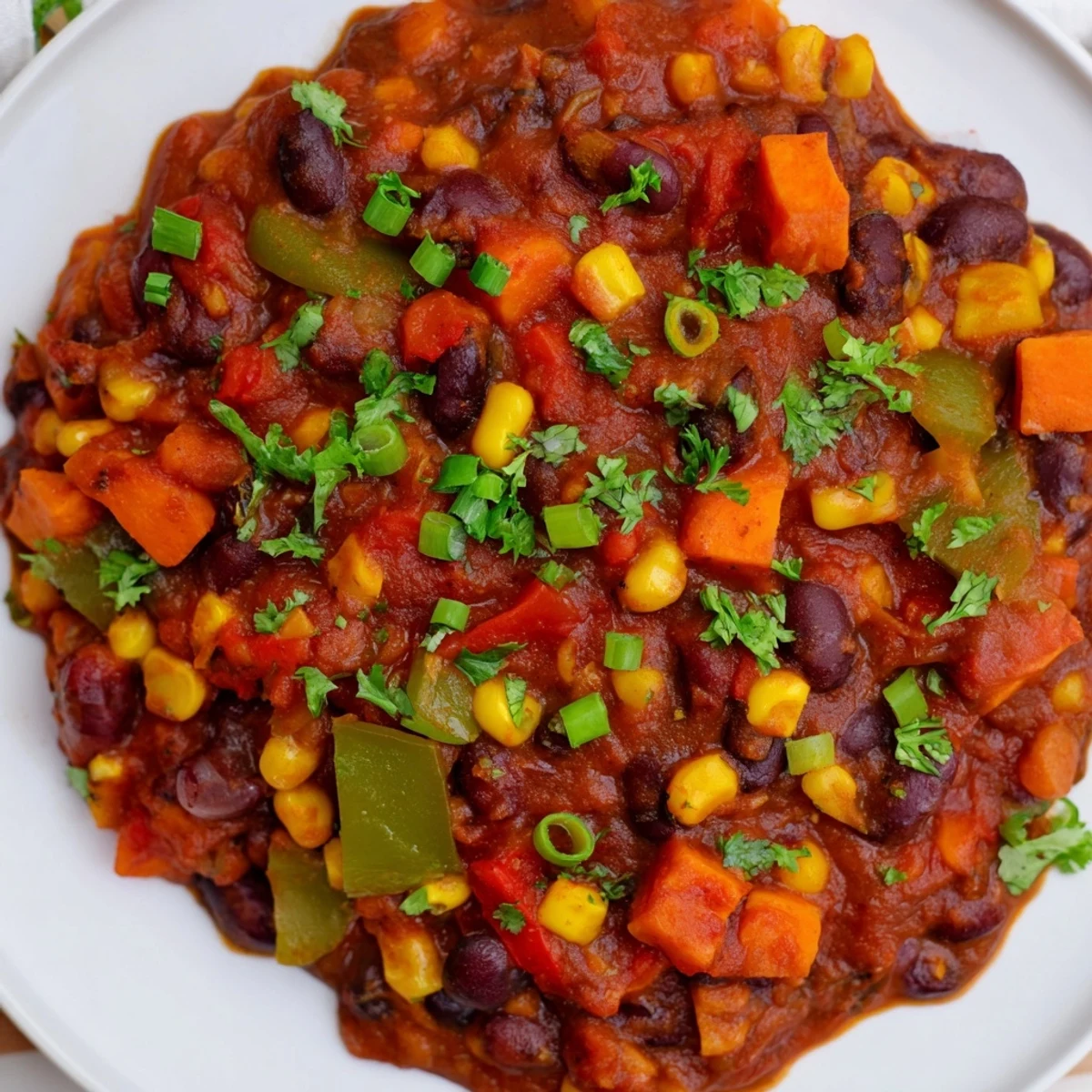 Close-up shot showing the layers of delicious Veggie Chili, a comforting, spiced Tex-Mex dish.