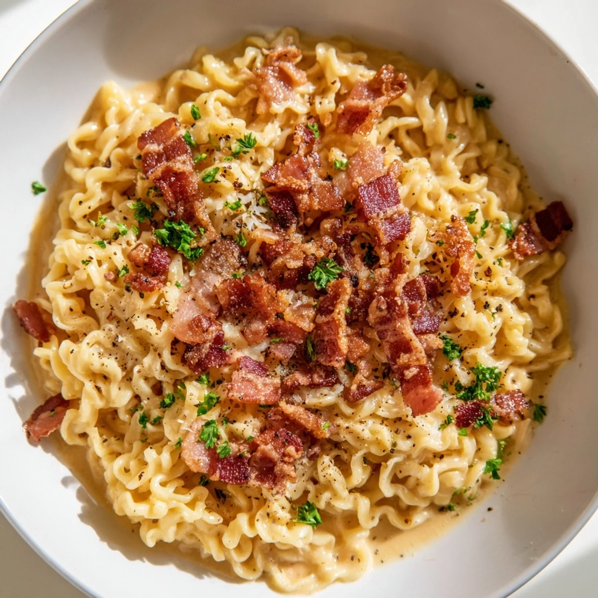 Steaming Instant Pot Carbonara Ramen, featuring crispy bacon and creamy, perfectly cooked noodles.