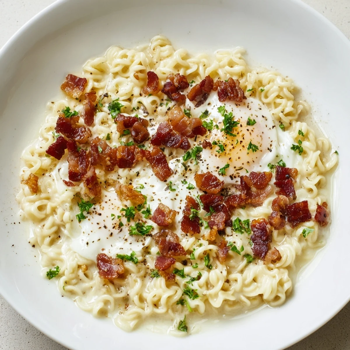 Close-up of savory Instant Pot Carbonara Ramen, with runny egg yolks and flavorful, rich broth.