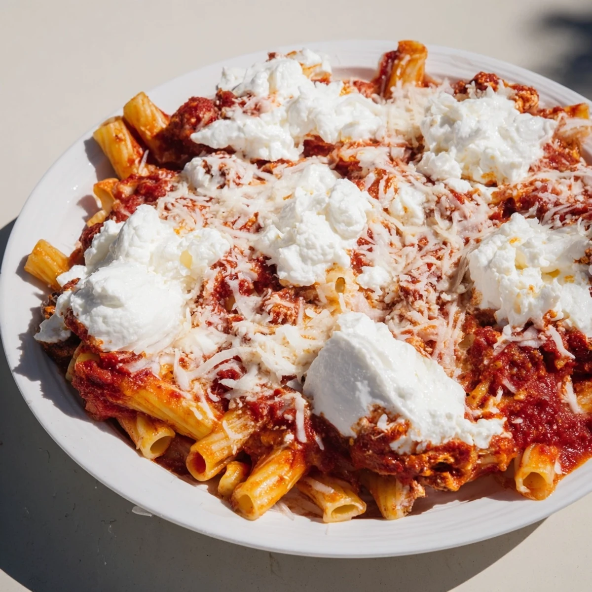 Steaming Slow Cooker Baked Ziti with bubbly melted mozzarella and a rich tomato sauce topping.