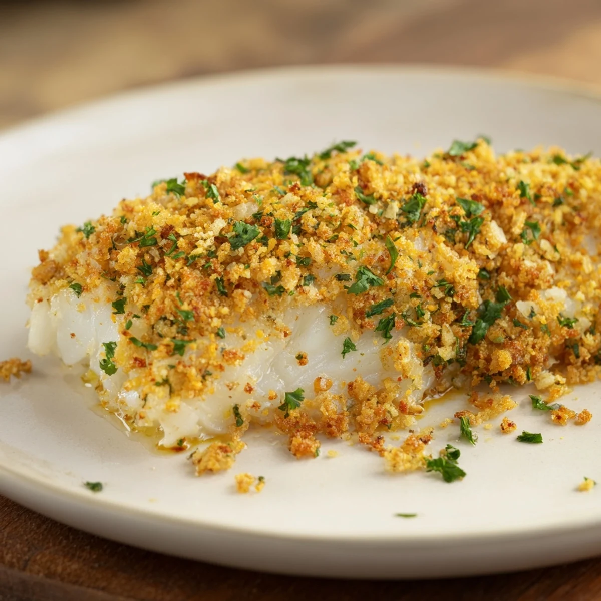 Flaky, tender baked cod topped with a buttery and flavorful Ritz cracker crust, a simple weeknight meal.