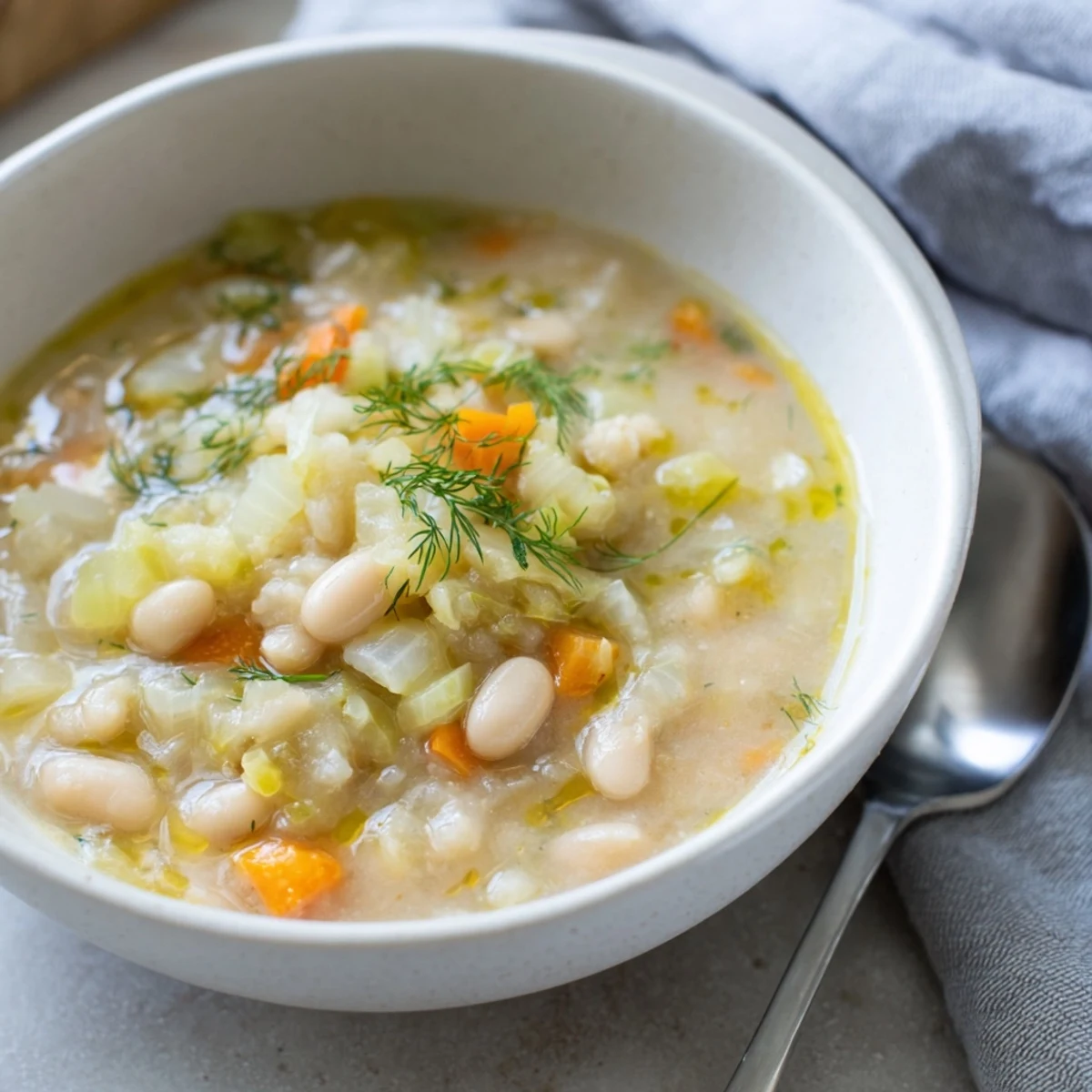 A steaming bowl of Simple White Bean and Fennel Soup, evoking warmth with aromatic fennel and broth.