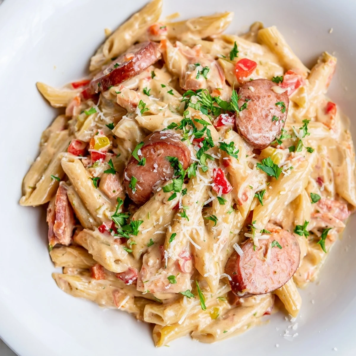 A hearty bowl of Smoked Sausage Cajun Alfredo with penne, beautifully garnished with fresh parsley.