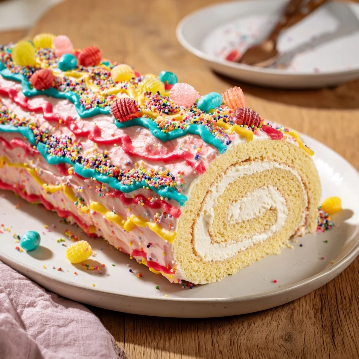 Festive Ugly Sweater Cake Roll showing a colorful, decorated slice of dessert ready to eat.