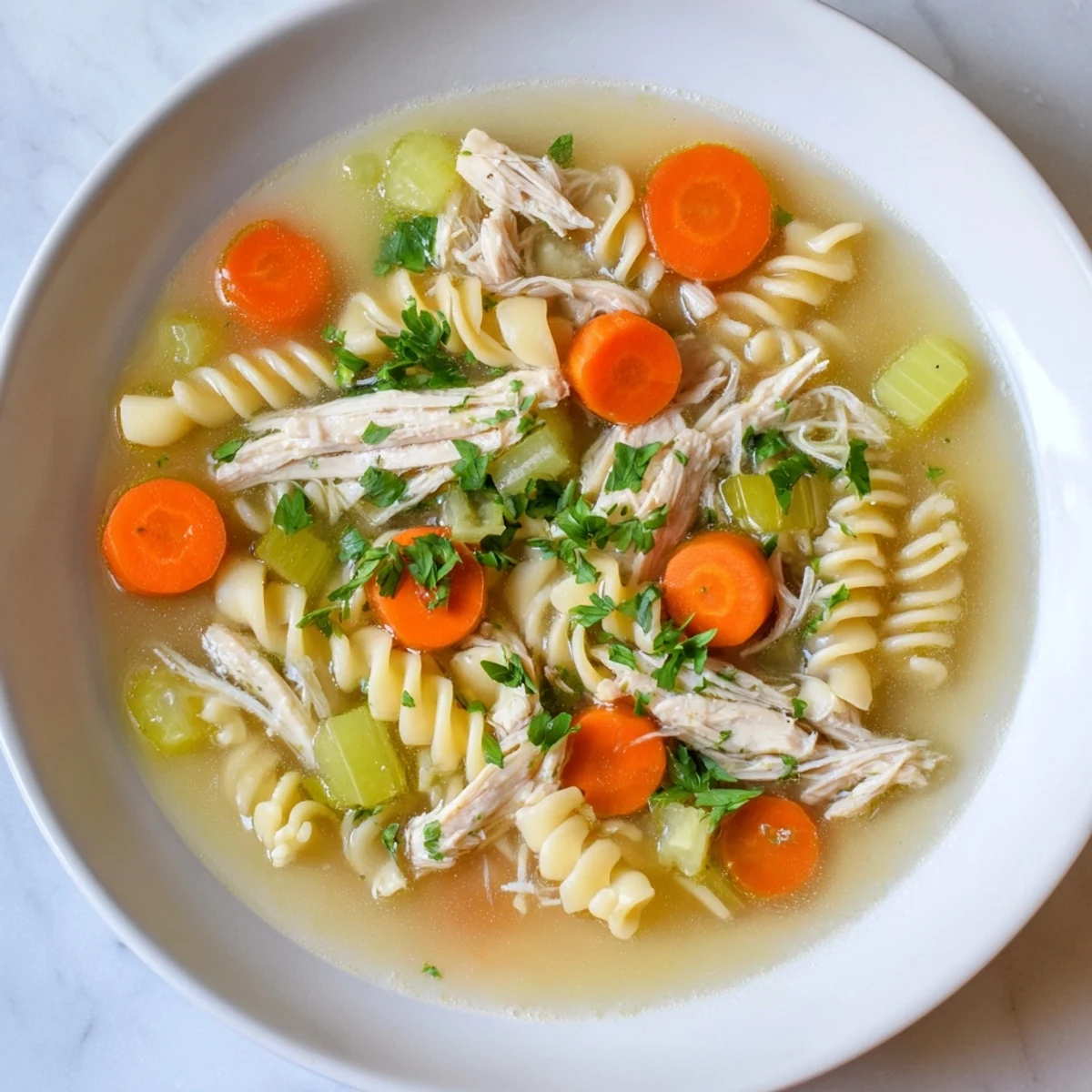 Steaming bowl of Crockpot Chicken Noodle Soup, filled with noodles, vegetables, and tender chicken.
