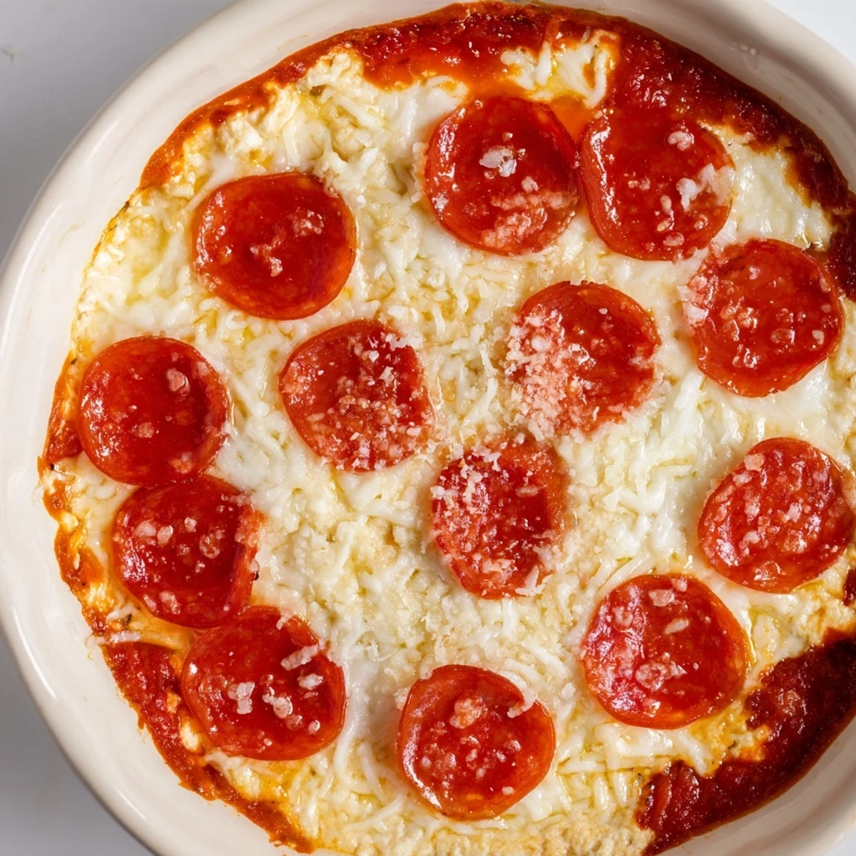 Pizza Dip bubbling in a baking dish, with melted cheese and crispy pepperoni slices.