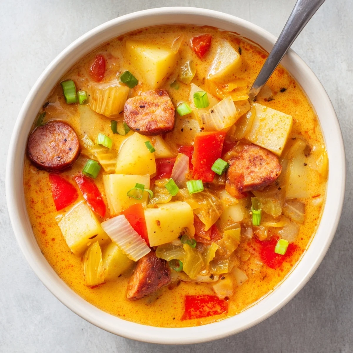 Steaming bowl of Slow Cooker Cajun Potato Soup, creamy texture, garnished with fresh green onions.