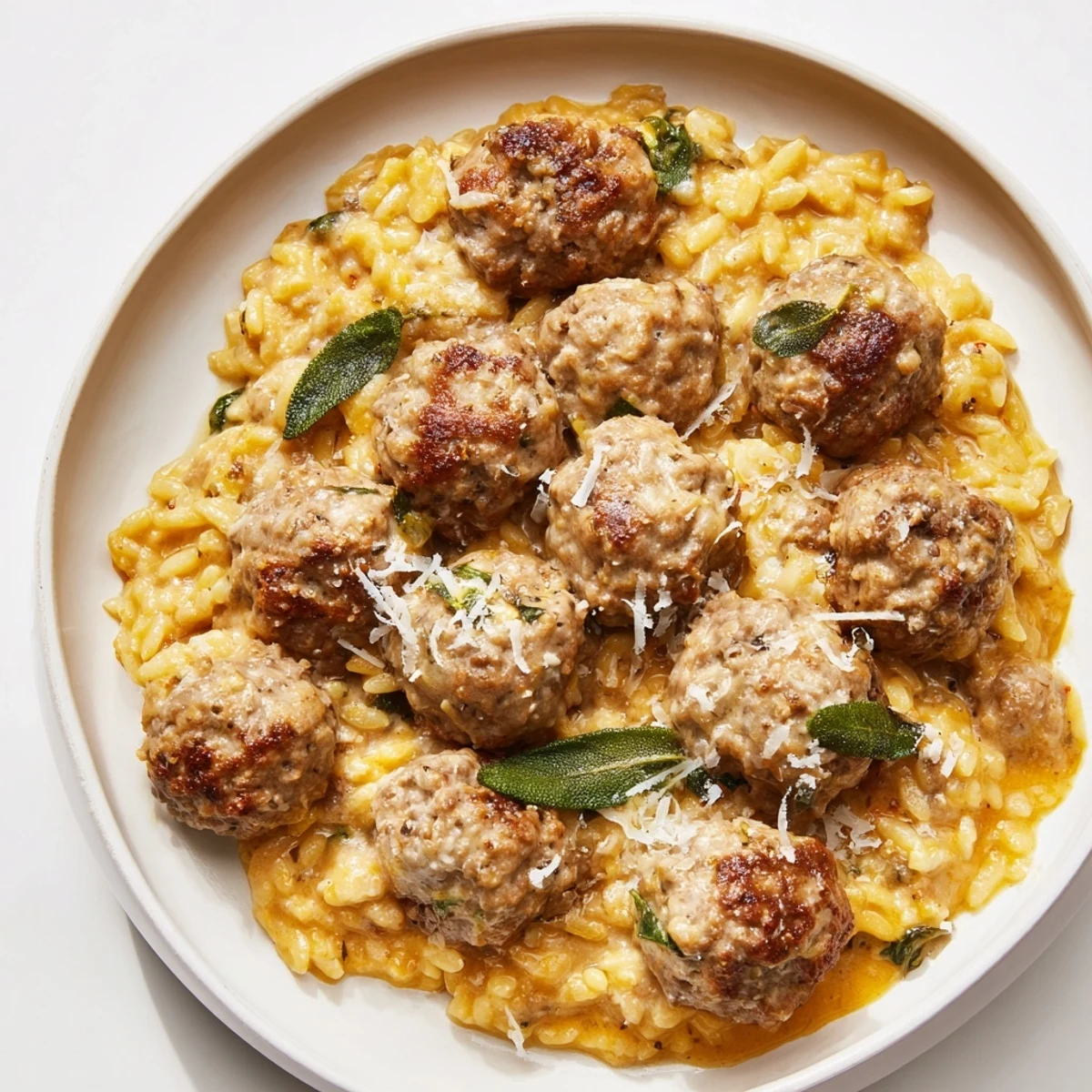 Sizzling sage turkey meatballs nestled with golden pumpkin orzo, ready for this cozy dinner.