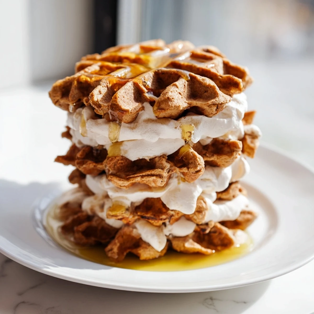 Express Gingerbread Waffle Stacks, golden-brown and stacked high, drizzled with maple syrup and whipped cream.