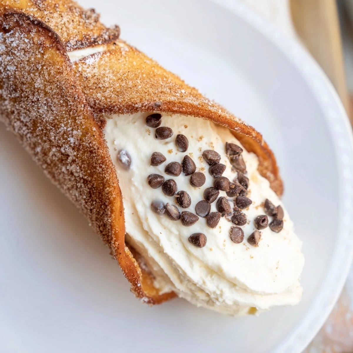 A close-up of delicious Quick Churro Cheesecake Cones, with chocolate drizzle and fresh berries alongside.