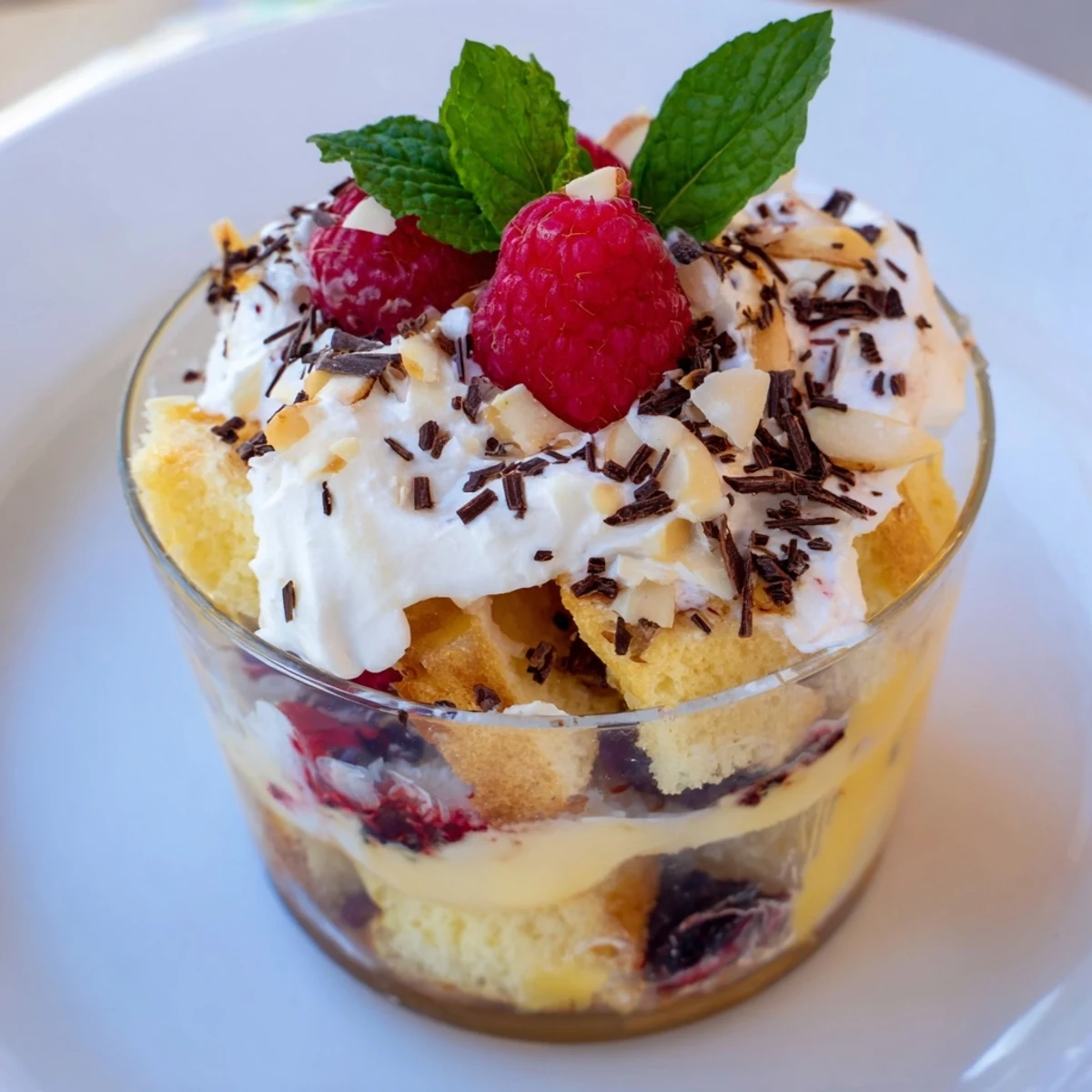 A close-up of creamy Simplified Christmas Trifle Cups showcasing colorful layers and festive garnishes.