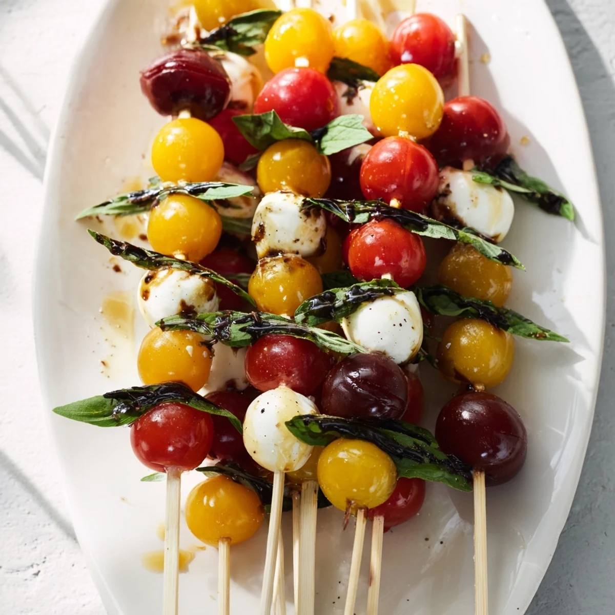 Christmas Tree Caprese Skewers arranged on a platter ready to serve, showcasing fresh tomatoes, mozzarella, and basil.