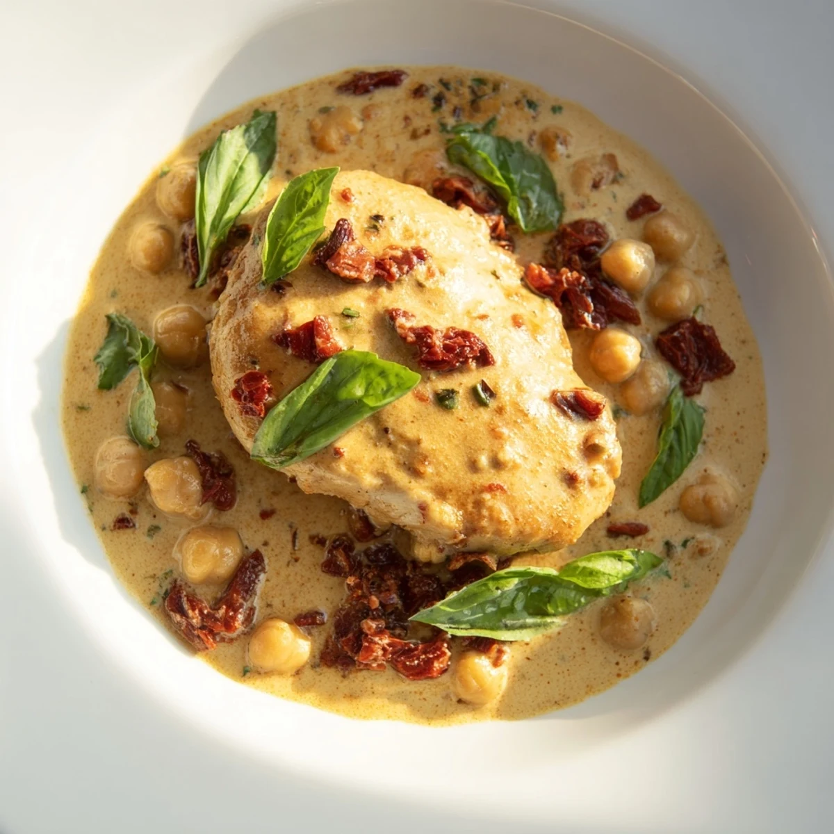 Creamy High-Protein Marry Me Chicken and Chickpeas, served hot, with juicy chicken and sun-dried tomatoes.