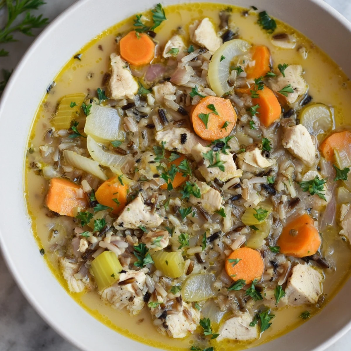 Freshly made Quick Chicken and Wild Rice Soup, promising a comforting and gluten-free weeknight dinner.