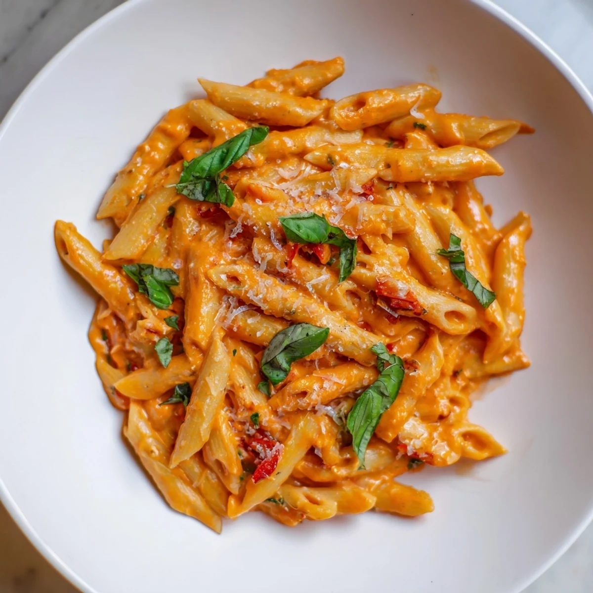 Enjoy the vibrant color of this comforting 15-Minute Creamy Red Pepper Pasta dish, ready in minutes.