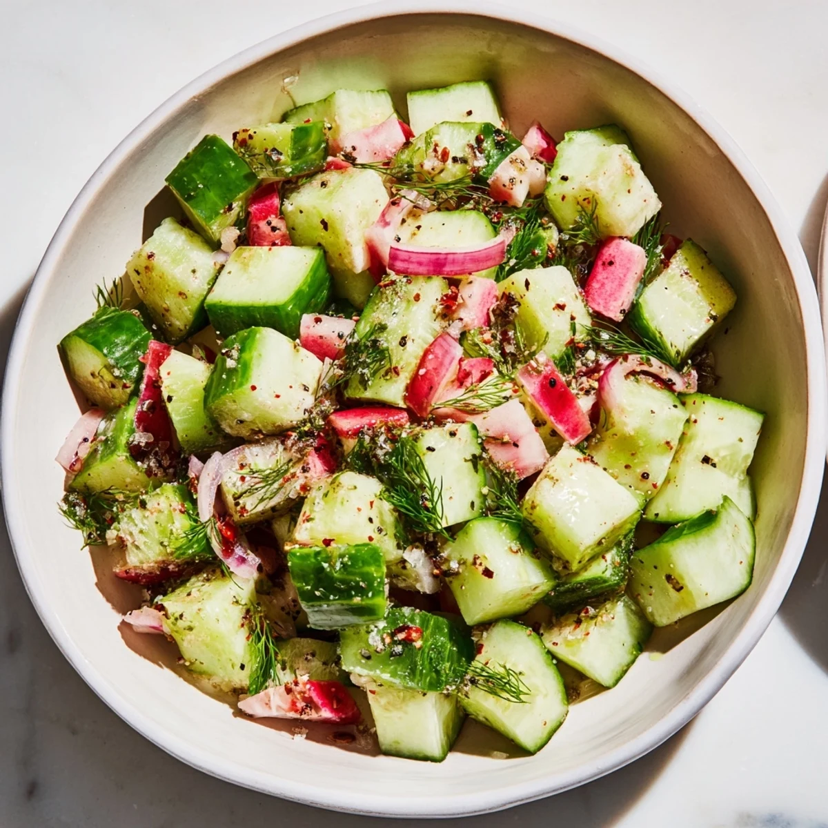 Simple Cucumber and Dill Chopped Salad, with bright green cucumbers and red onion, drizzled with citrus dressing.