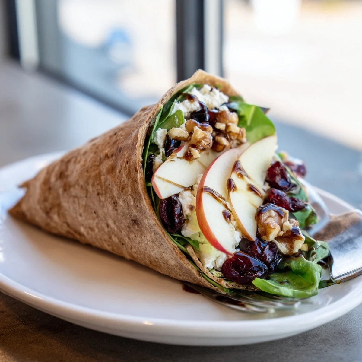 Close-up of a festive Cranberry Goat Cheese & Walnut Holiday Wrap, showcasing the creamy filling and textures.