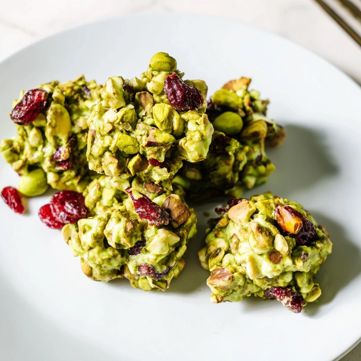Matcha White Chocolate Cranberry Bark Clusters, a vibrant treat with visible specks of red cranberries and green tea.