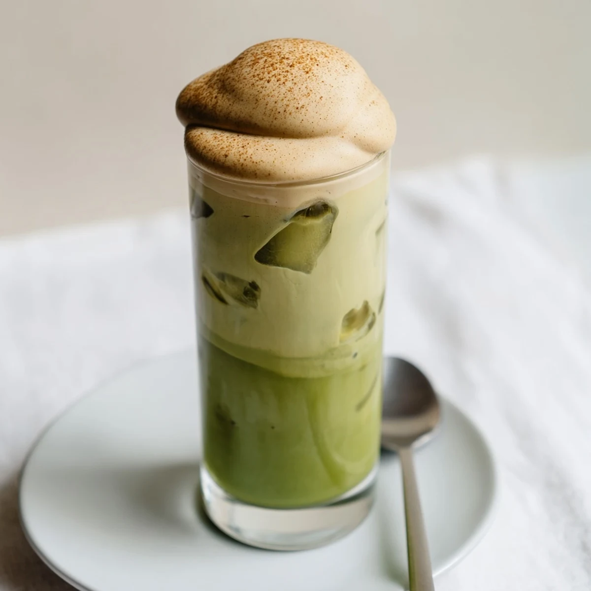 Enjoy the visually stunning Cinnamon Roll Iced Matcha, a layered drink that's both healthy and delicious.