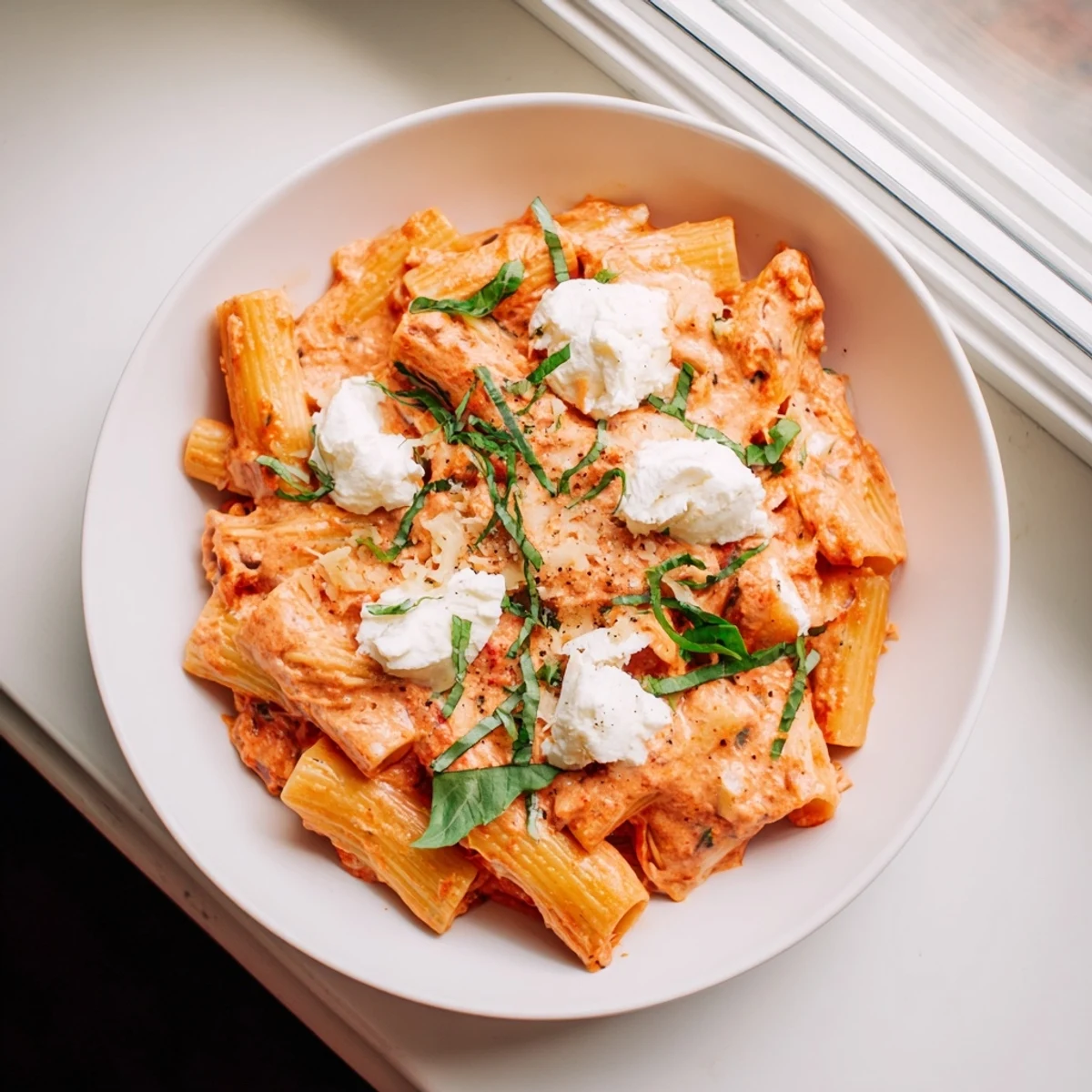 A close-up of Creamy Roasted Red Pepper Santa Hat Pasta with festive ricotta "hats" shows.