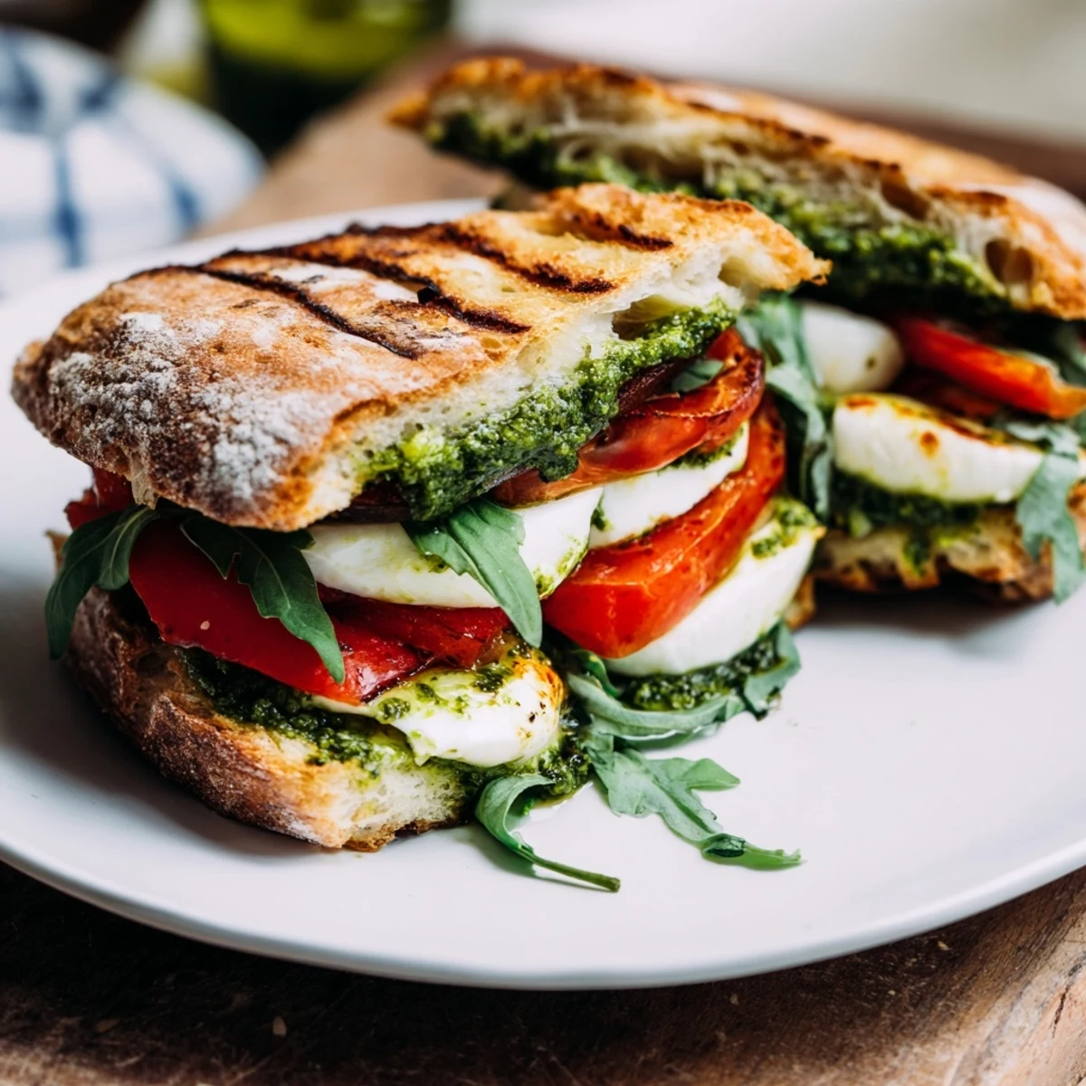 Golden brown Caprese Pesto Panini-Style Grilled Cheese, oozing melted cheese and ripe tomatoes.
