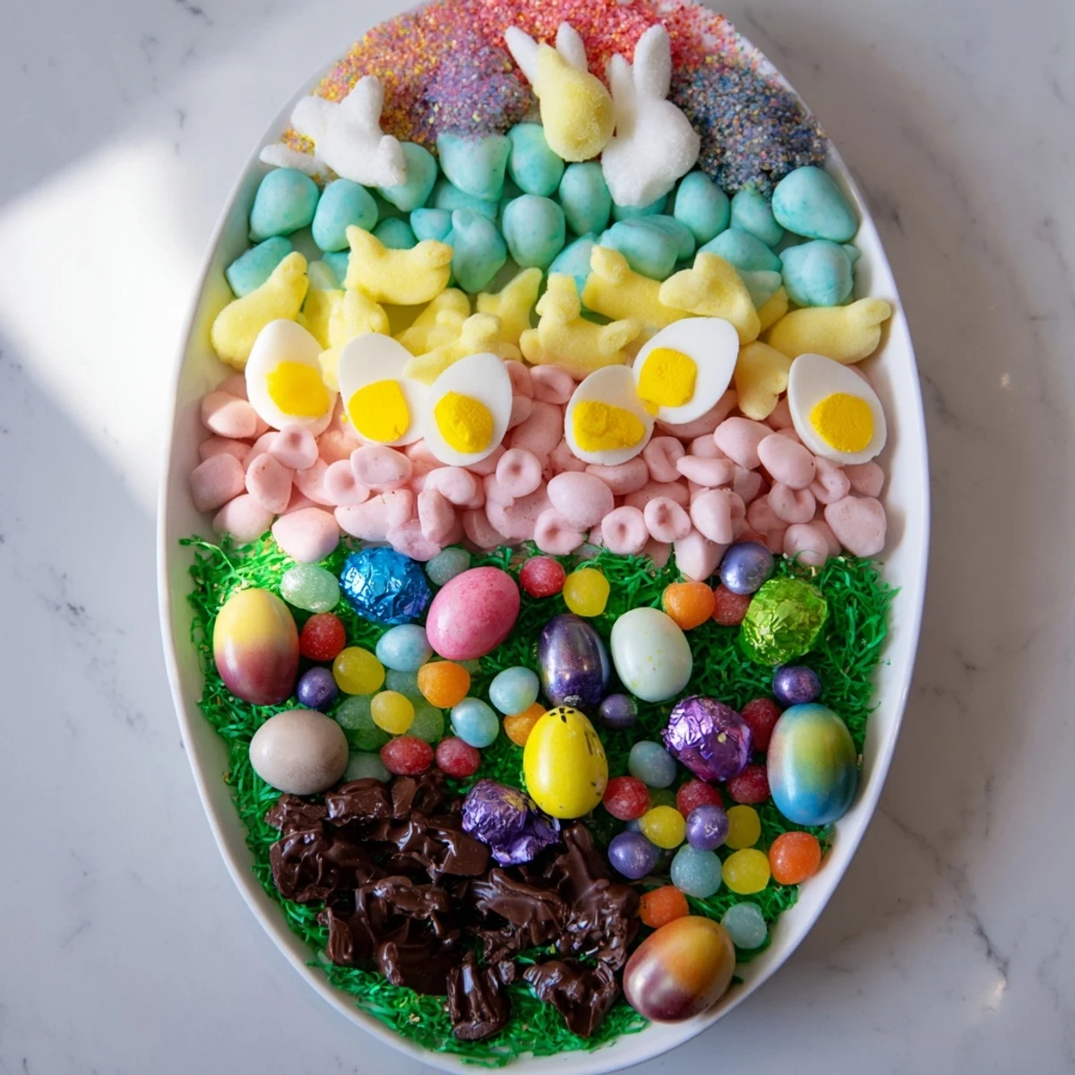 Easter-ready egg-shaped candy platter overflowing with colorful chocolates, jelly beans, and festive treats.