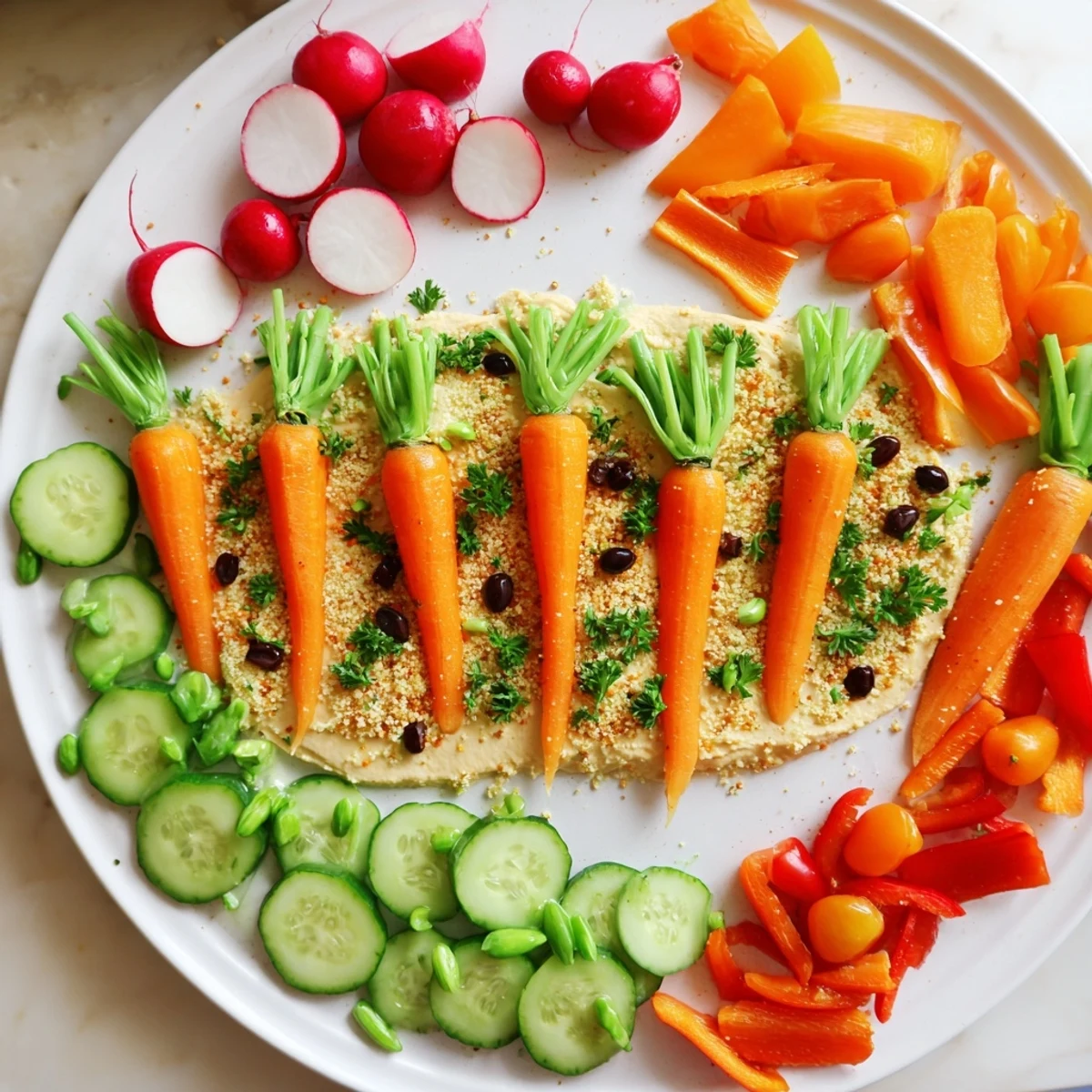 Freshly made Carrot Patch Veggie Board, a healthy and visually appealing appetizer for any occasion.